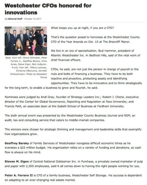 About Us Westchester CFO Honored